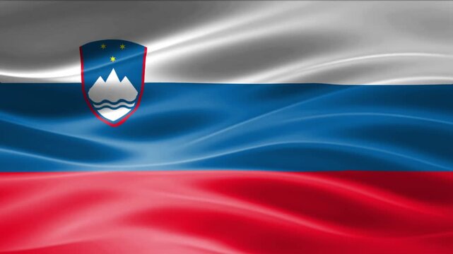 National flag waving in dramatic cloudy sky with emblem shield and mountain symbol