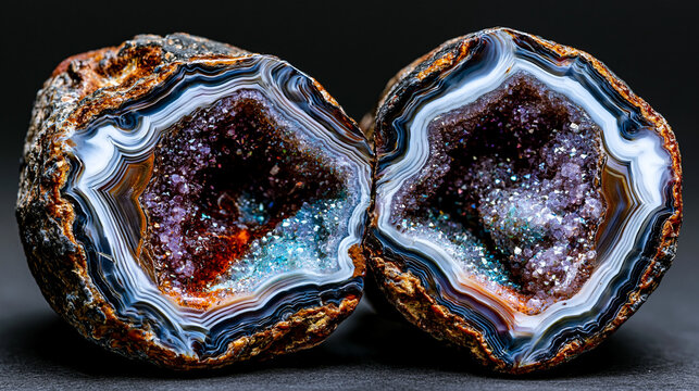 Quartz geode pair showing halved thunderegg agate exterior and sparkling druzy chalcedony interior crystal lining, nodular chert formation, mineralogical specimen backlit documentation .ultra photor