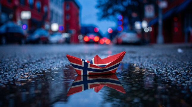 Paper boat with Norway flag floating in street puddle water reflection