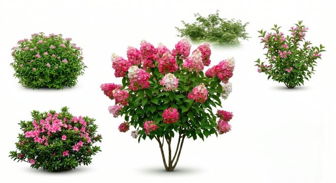 Flowering bushes and shrubs with pink and white blossoms in garden.