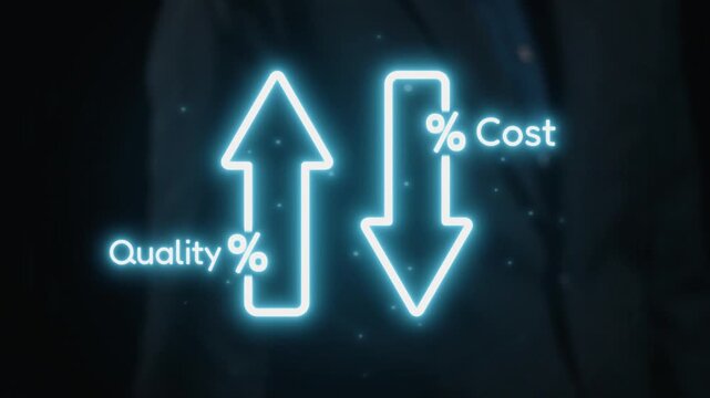 A modern neon visual featuring arrows indicating rising quality and falling cost, symbolizing business growth and strategic efficiency in a sleek corporate setting. Qubit