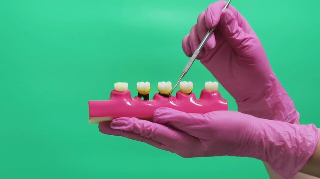 Dentist Demonstrating Gum Recession and Periodontal Disease on Dental Model