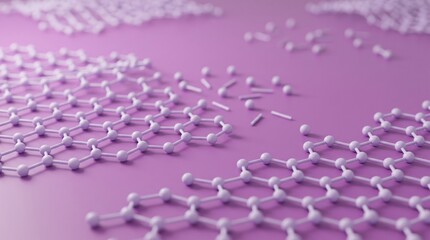 Obraz premium Graphene molecular structure disassembles into atoms and bonds on a purple