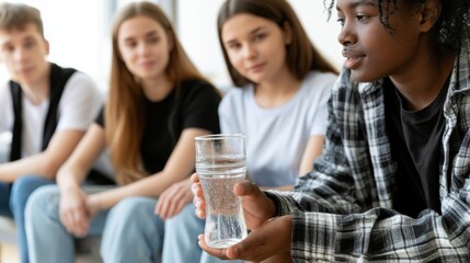 Fototapeta premium Group support session focused on alcohol abuse recovery. Young people sitting together while one participant holds nonalcoholic drink, symbolizing sobriety and support