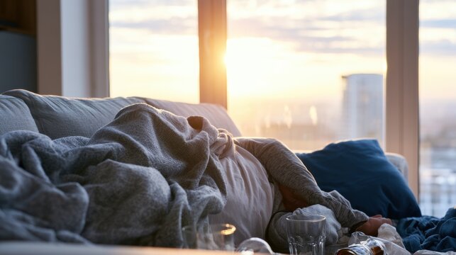 Person lying on sofa surrounded by empty glasses and bottles at sunrise. Concept of alcohol abuse, binge drinking, exhaustion, dependency and unhealthy lifestyle