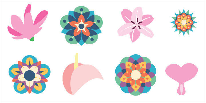 Colorful Mandala Patterns and Tropical Flower Flat Icons