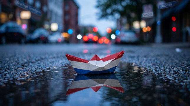Origami paper boat with Netherlands flag in wet urban puddle