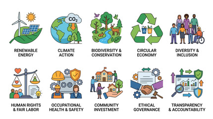 Fototapeta premium Sustainable Development Goals Icons Set Renewable Energy Climate Action Biodiversity Circular Economy Diversity Inclusion