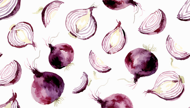 Artistic watercolor red onion seamless pattern with fresh red vegetables on white background