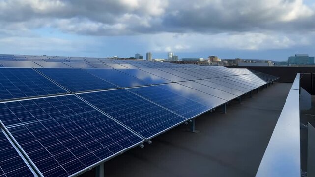Solar panels on a rooftop with city skyline under cloudy sky