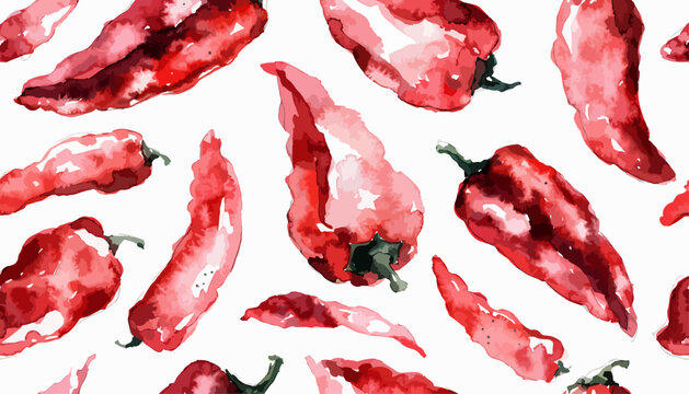 Artistic watercolor red pepper seamless pattern with fresh bell peppers on white background