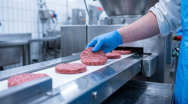 A gloved hand places raw beef burger patties onto a conveyor belt in a hygienic food processing factory. Commercial stock photography of meats mass production facilities.