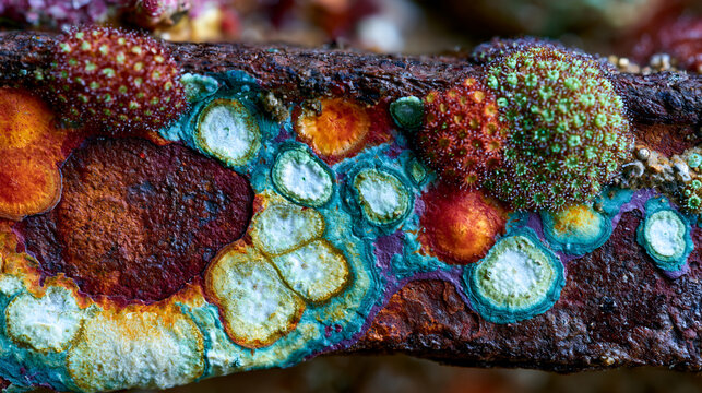 Shipwreck encrustation community macro, steel hull plate covered in coral, bryozoan, and tunicate settlement, steel corrosion rust patina integrating with biogenic carbonate overlay, decay and trans