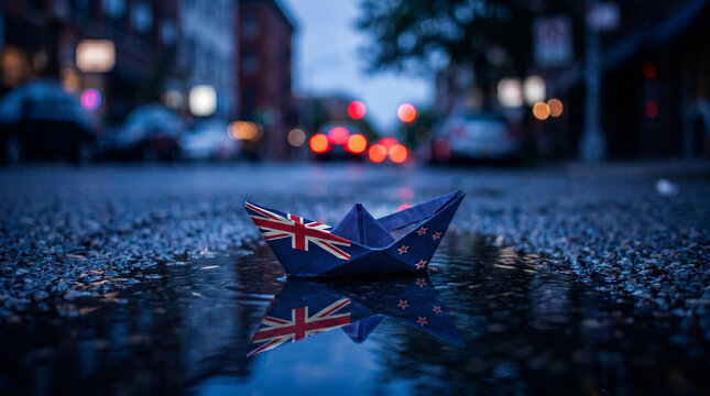 Paper boat with New Zealand flag floating in wet city puddle