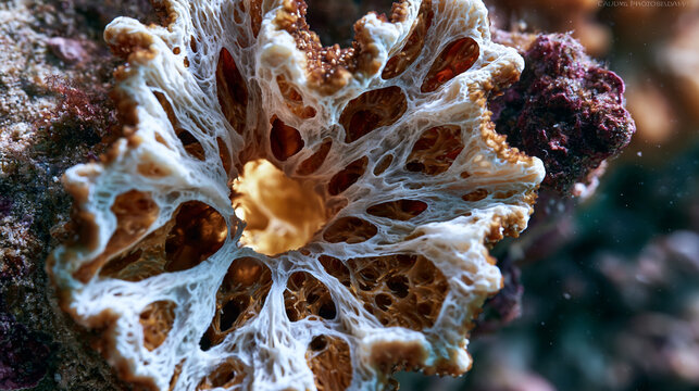 Sponge Xestospongia barrel interior osculum chamber macro, choanodermal lining channel system architecture, aquiferous canal network pattern, siliceous spicule skeleton embedded in spongin matrix, f