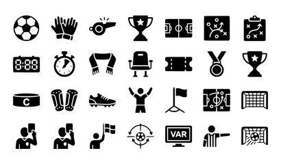 Soccer icon set black glyphs depicting football equipment players tactics and referee signals © Alamin