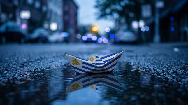 Origami paper boat with Uruguay flag floating in urban road puddle