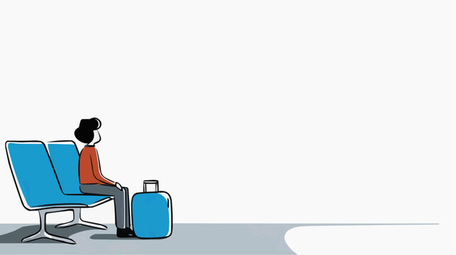 A person sits patiently on a cool blue airport bench with a suitcase waiting for a flight feeling calm and ready for travel