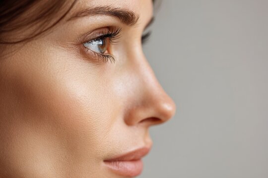 Soft-lit profile portrait of a woman highlighting eyelid edema and ocular protrusion due to hyperthyroidism
