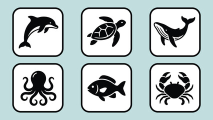 Obraz premium Sea Animals Outline Vector Set with Six Marine Creatures Illustration