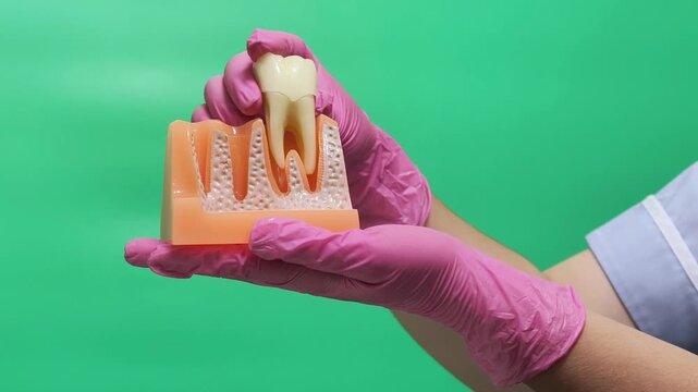 Dentist Removing and Replacing Molar Tooth in Jaw Model on Green Screen