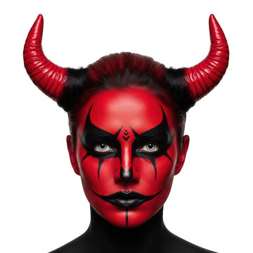 Woman with red devil face paint and horns