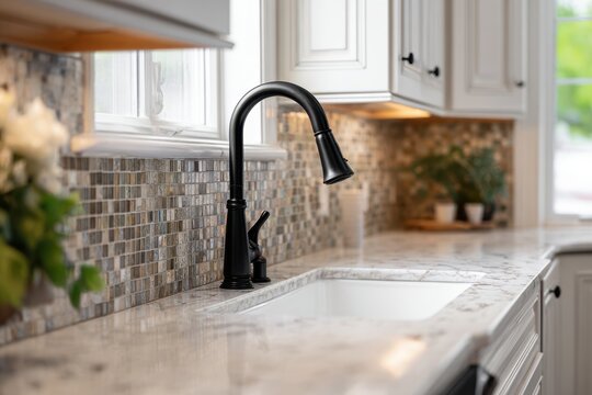 Close-up of a rustic kitchen sink area featuring a dark faucet, mosaic tile backsplash, and marble counters with white cabinetry