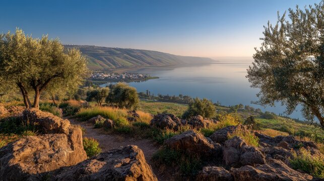 Wide-angle view of Galilee from Mount of Beatitudes with olive groves at dawn