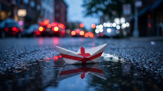 Paper boat with England flag floating in urban street water puddle