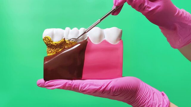 Dentist Comparing Healthy Gums and Periodontal Disease on Jaw Model