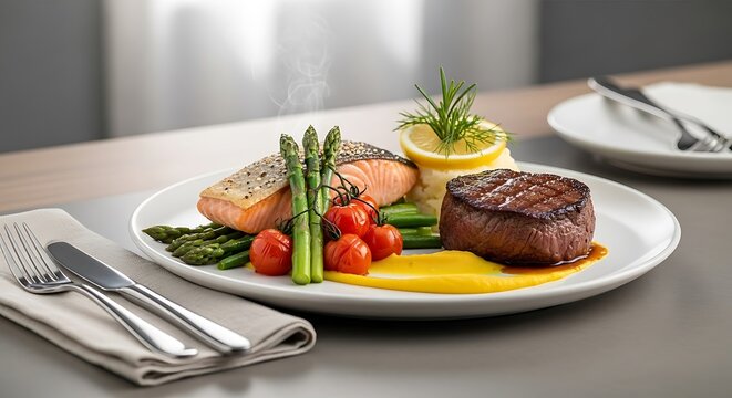 Steak and Salmon Dinner.