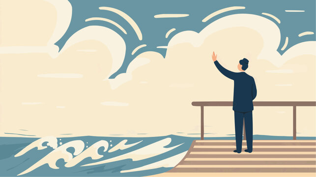 Man in suit stands on a wooden pier looking out at the vast ocean and cloudy sky feeling hopeful and free