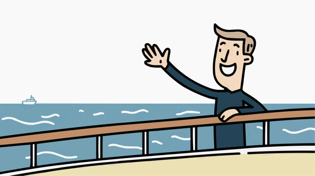Happy man waving goodbye from cruise ship deck feeling fresh ocean breeze and warm sun on a bright day