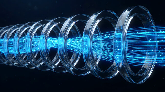 Futuristic glass fiber optic tubes transmitting glowing blue digital data flow in high-tech environment.AI Generated
