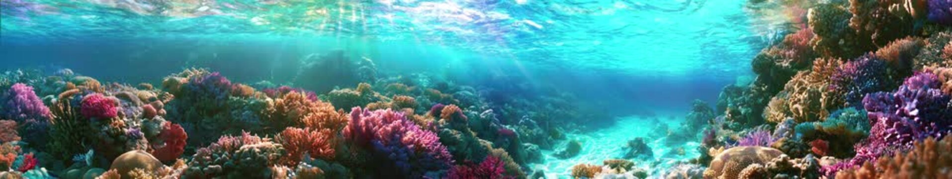 Colorful Coral Reef Underwater Panorama with Sunlight, Tropical Ocean Sea Life Animation, Widescreen Loop