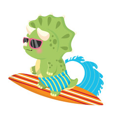 Cute cartoon triceratops dinosaur wearing sunglasses surfing on a wave © Lazy Cat