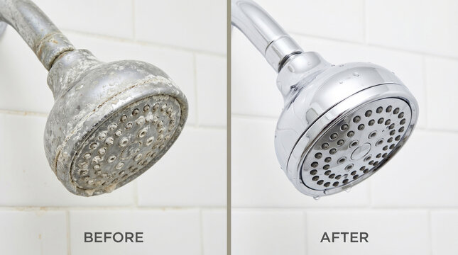 Closeup of a shower head before and after descaling. The left shows limescale, the right reveals polished chrome against white tiles inside a clean modern bathroom stall