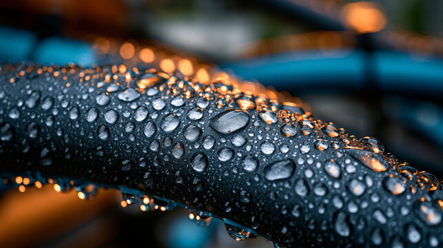Collaborative robot bumper rail with rain droplets beaded across soft silicone elastomer surface, water tension forming perfect spherical drops on hydrophobic polymer skin, wet surface transformatio
