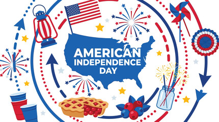 Obraz premium American Independence Day graphic design showcases a circular arrangement of festive icons surrounding a map of the United States.