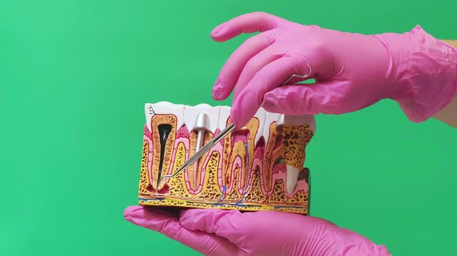 Dentist Explaining Root Canal, Dental Implant and Gum Disease on Jaw Model