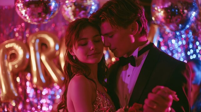 Romantic prom couple dancing under pink and blue party lights with gold balloons