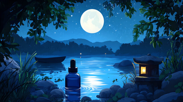 Serene night landscape with full moon over a calm lake and traditional japanese stone lantern