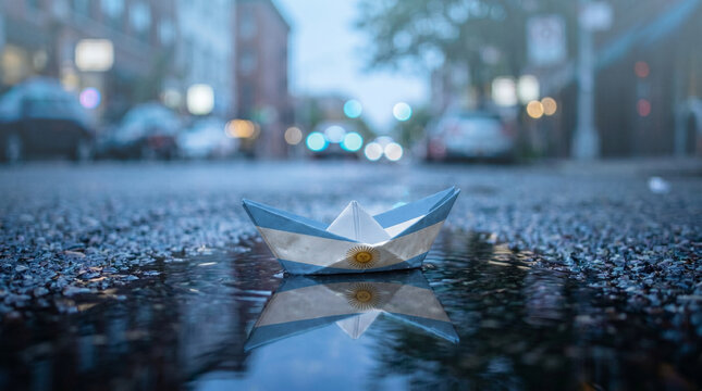 Origami paper boat with Argentina flag floating in wet road puddle