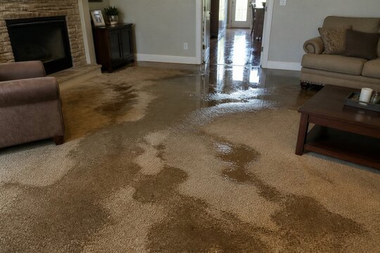 Living room carpet soaked with water damage near fireplace