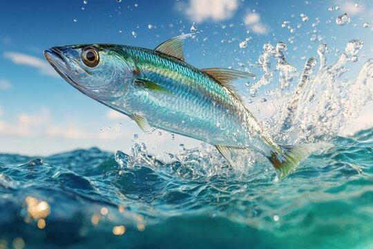 Dynamic splash as a bluefish breaks the surface in a turquoise sea