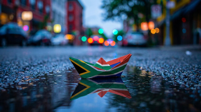 Origami paper boat with South Africa flag floating in wet puddle