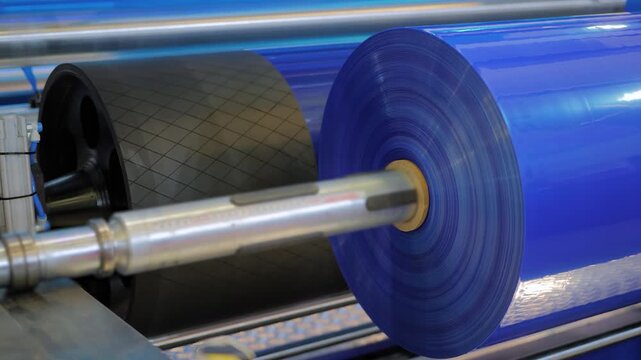 Close up view: automatic plastic film blowing machine - moving roller, winding roll with blue polyethylene film at exhibition, trade show. Recycling, industrial, manufacturing, and production concept
