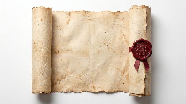 Ancient blank parchment scroll with a wax seal on a white background.