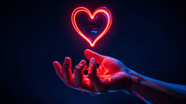 Glowing heart hovering over a hand