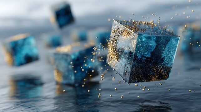 Floating translucent blue glass cubes with shimmering gold particles captured in a cinematic macro perspective with soft depth of field